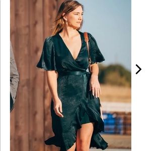 Dark Green Satin Faux-Wrap Midi Dress